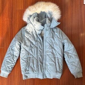 Abercrombie Kids Light Blue Puffer with Faux Fur Hood- removable fur
